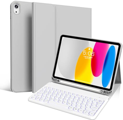 GKABXY Für iPad (A16) 11./10. Generation (11/10.9 Zoll, 2025/2022) Tastatur-Schutzhülle, 7-Farbige Beleuchtung, Detachierbarer kabelloser Bluetooth-Tastatur, Weiße runde-Tastaturkappen, Grau