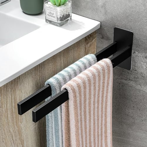 Porte-serviettes à deux bras en acier inoxydable, noir, 40 cm, pour salle de bain et cuisine, sans perçage, capacité de charge 20 kg, autocollant et montage mural, finition mate, idéal pour sauna