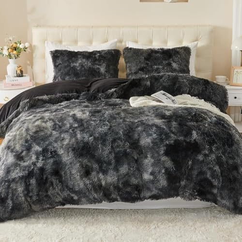 EMME Plüsch Bettwäsche Set 200x200cm, Tie Dye Schwarzß | Biber Flauschige Bettdecke Set für Bett Shaggy und Plüsch weiche Bettwäsche Bettbezüge und 2 Kissenbezug 80x80cm