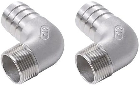 Schlauchstutzen, 25 mm Widerhaken, 1,27 cm männlich, 90-Grad-Winkel, Edelstahl-Rohrverbinder für Luft, Wasser, Öl, Gas, Kraftstoff, kompatibel mit Heimbrau-Systemen, 2 Stück