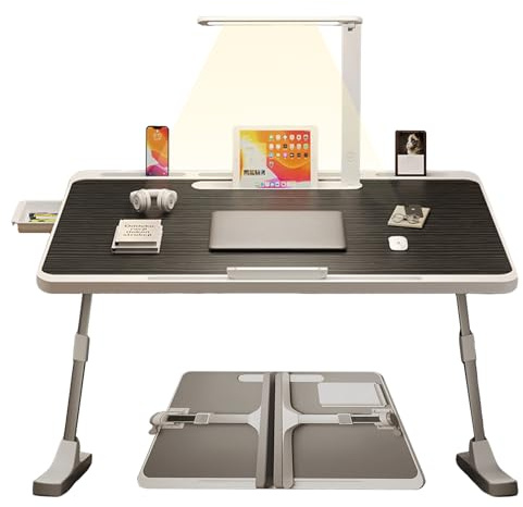 Laptoptisch Betttisch, mit Schublade und LED Lampe, 4 Einstellbare Winkel Tisch Bett Laptoptisch mit HöHenverstellbar, Laptop Bett Tablett Tisch füR Arbeiten, Studieren, Essen (Schwarz, 70 x 45 cm)