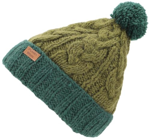 Bommelmütze aus Nepal, Schurwolle, handgestrickt, Zopfmuster | Kuscheliges Fleecefutter, schützt vor Kälte und Wind, Unisex, komfortable Passform für 56-60 cm Kopfumfang, fair gehandelt.