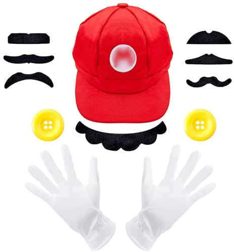 Kitimi Rot Mütze, Mari Kostüm mit Mütze, Weißen Handschuhe und Bart, Karneval Cosplay Kostüm für Erwachsene Damen