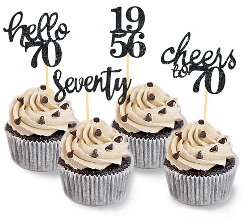 24 Pcs Glitter 70th Birthday Decoration Cupcake Toppers (Black-1956) | Seventy Years Old Birthday Decorations, 70th Anniversary Party Supplies, 1956 Cupcake Picks