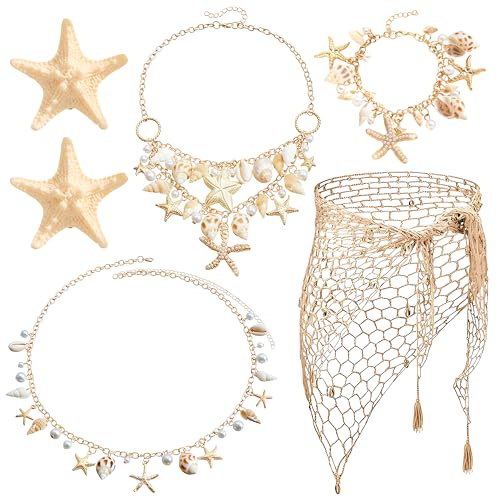 Wood Homing 5er Set Boho Meerjungfrau Kostüm – Häkelrock Pailletten Netzschal mit Muschel Hüftkette Halskette Armband & Seestern Haarklammern Sommer Bikini Cover Up Strandaccessoires Cosplay Outfit
