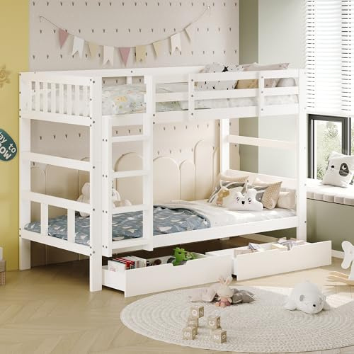 OLIVIBED Hochbett 90x200, Etagenbett Doppelbett für 2 Kinder, Bett mit Rausfallschutz und Stauraum Lagerregal, Stockbett mit 2 Schubladen & Lattenrost,Weiß, Ohne Matratze