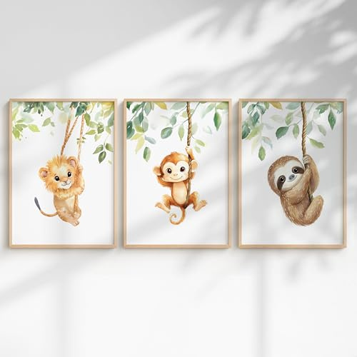 Generisch 3er Dschungel Poster-Set fürs Babyzimmer A4 A3 - Bilder Safaritiere: Elefant Faultier, Nilpferd, Giraffe, Löwe, Zebra, Panda fürs Kinderzimmer (Safari Lianen, DIN A4, Ungerahmt)