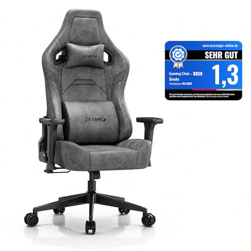 Devoko Chaise Gaming Ergonomique Suédine Douce Respirante, Grand Coussin Lombaire Réglable, Dossier Inclinable 90°–135°, Accoudoirs 3D, Fauteuil Gamer Haut de Gamme, Gris Anthracite