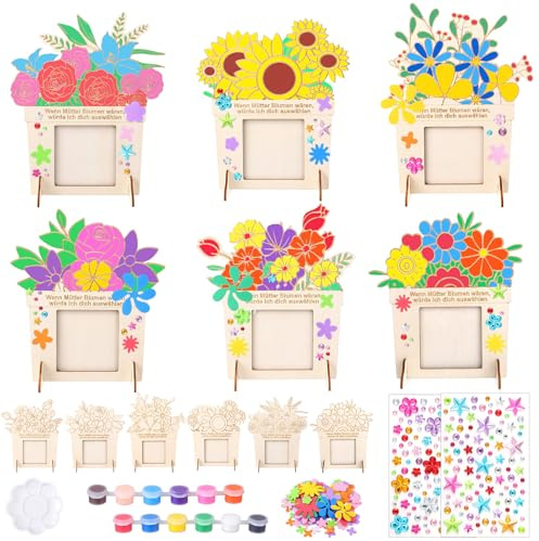 12 Stück Mama Geschenk DIY Bastelset Muttertag Fotorahmen mit Blumen Bastelset für Kinder mit Farben Edelsteinaufkleber Muttertagsgeschenk für Mama Geburtstagsgeschenk Klassenzimmer Aktivitäten