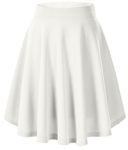 Damen Mädchen Basic Solid vielseitige dehnbaren informell Mini Skater Rock (M, Weiß-Lange)