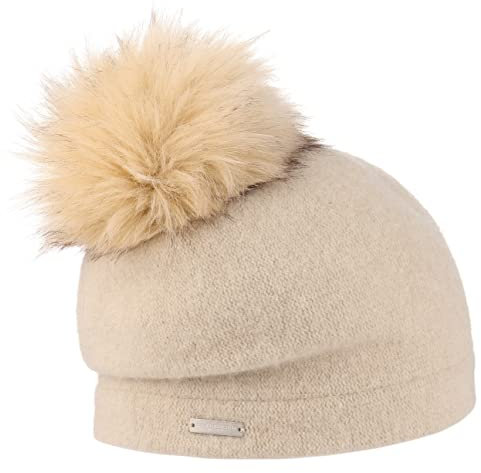Seeberger Tamisa Pompon Walkmütze mit Bommel Mütze Wintermütze Wollmütze Long Beanie Bommelmütze (One Size - Hellbeige)
