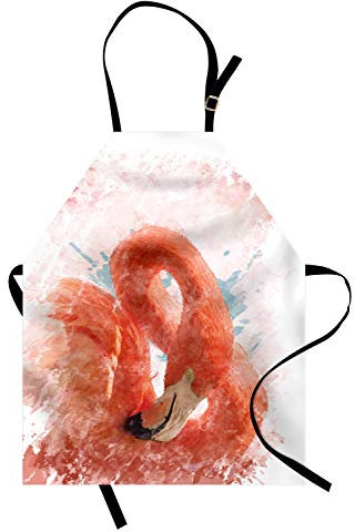 ABAKUHAUS Flamingo Kochschürze, Flamingo-Vogel mit Feen-Feder-Aquarell-Farben-Effekt-Natur-Kunst-Arbeits-Druck, Farbfest Höhenverstellbar Waschbar Klarer Digitaldruck, Orange Weiß