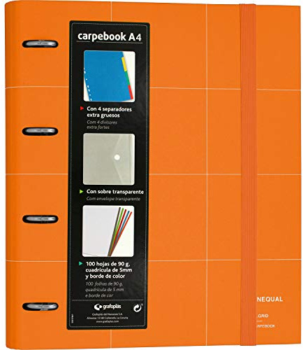 Grafoplás 88102952. Mapp med ersättning, 100 ark med 90 gram, 4 Extra tjocka och transparenta överdelare, A4, Orange, Carpebook Unequal Grid