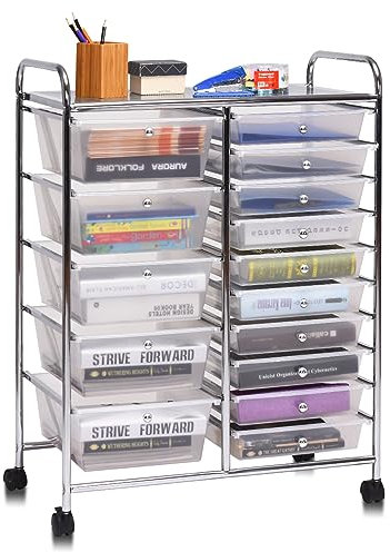 COSTWAY Carrito Auxiliar con Ruedas, Carro Almacenaje con 15 Cajones Apilables, Carrito Organizador con Ruedas Bloqueables de Metal para Cocina Oficina, Baño, 37x63x87cm (Transparente)