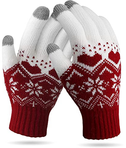 VENI MASEE Winter Touchscreen Handschuhe Schnee Blume Druck halten warm für Frauen und Männer - Damen Lieberot,20cm