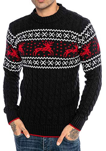 Red Bridge Herren Strickpullover Norweger Pullover Slim-Fit Plait Reindeer Navyblau XXL