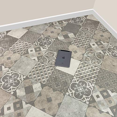 Victorian Grey Tile Vinyl Lino Flooring Kitchen Bathroom Waterproof Roll Sheet Anti-Slip Cushion (2m x 2m)
