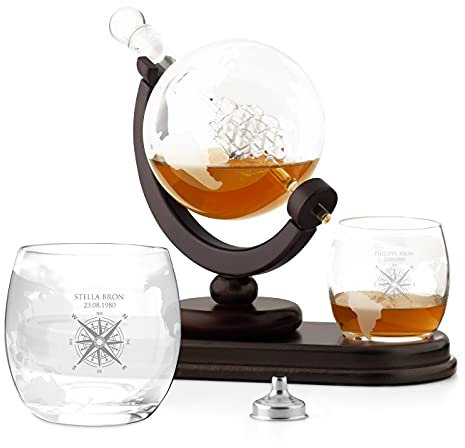 Maverton Ensemble de Carafe Globe avec 2 verres gravés à whisky - Whiskey Set pour amis - Cadeau d’anniversaire pour les couples - Décanteur et 2 verres pour parents - Rose des vents