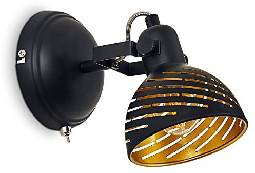 Wandleuchte Osina, moderne Wandlampe aus Metall in Schwarz/Goldfarben mit verstellbarem Strahler, Leuchte im Retro/Vintage-Design mit Lichteffekt, 1-flammig, 1 x E14, ohne Leuchtmittel
