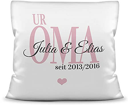 Kissen mit Füllung - Uroma seit - zum selbst gestalten mit Kindernamen und Geburtsjahren - Geschenk für die Beste Uroma - Kissen Polyester - Weiß, 40x40 cm