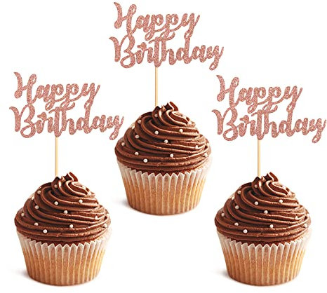 Blumomon 24Pcs Happy Birthday Cupcake Toppers Rose Gold Glitter Birthday Cake Decorations Picks for Celebrating Birthday Party Decorations Supplies