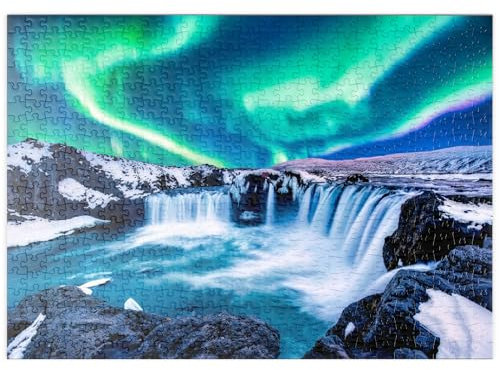 MyPuzzle Nordlichter über dem Godafoss Wasserfall in Island - Premium 500 Teile Puzzle - MyPuzzle Sonderkollektion von Puzzle Galaxy