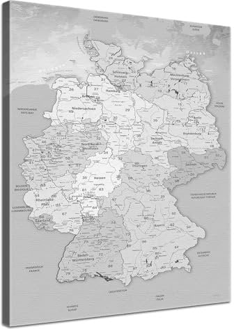 LANA KK - Premium Pinnwand Deutschlandkarte - Hellgrau - Deutsch - in 60 x 80 cm, stabile Rückwand zum Pinnen inkl. Starterkit - Leinwand-Kunstdruck Wandbild Landkarte XXL