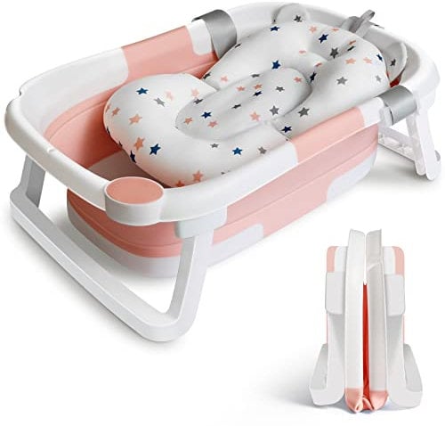 Bañera Plegable Bebé Banheira bebe, Bañera Bebe Plegable con Patas Antideslizante para Niños Pequeños Bebé Niños Bañarse - Bañera Ducha Viaje Portatil Bebe para Espacios Pequeños | Rosa y Blanco