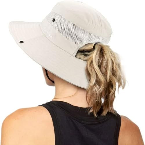 Chapeau de pêche de plage pliable de protection UV pour femme en maille à large bord avec trou de queue de cheval, beige, Taille Unique