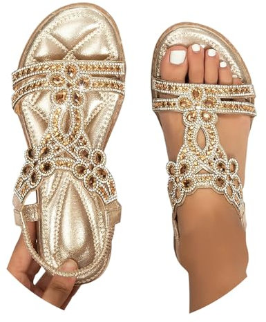 BIBOKAOKE Flache Sandalen Damen Große Größen Strass Bohemia T-Riemen Frauen Sandalen Weichen Sohlen Sommerschuhe Gummiband Slingback Sandalen Elegante schöne Sandalen Mädchen Strandschuhe