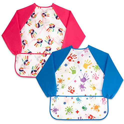 fanksoow 2 Stück Malkittel Kinder Wasserdicht kinder malschürze 2-7 Jahre Mädchen/Junge, Bastelschürze Kinder mit 3 Taschen für grundschule Kunst Malerei,Laborkleidungsschutz,Kochen und Matschen