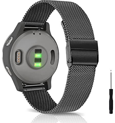 KeeFos 20mm Armband Kompatibel mit Garmin Forerunner 570 42mm/165/245/645/Approach S50/S44/Vivoactive 6/5/Venu Sq 2/Venu 2 Plus, Herren Damen Uhrenarmband, Edelstahl Metall Ersatzarmband - Schwarz