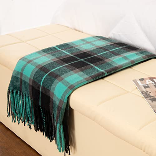 Gealaek Decorative Faux Cashmere Throw Blanket with Fringe Green and Black Plaid Lightweight Fuzzy Soft Cozy Throws for Sofa Bed Farmhouse Throw Blanket 50 x 60