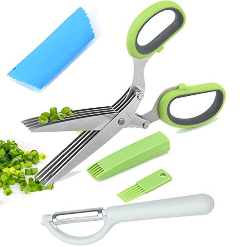 JSQJ Ciseaux à Herbes à 5 Lames en Acier Inoxydable Ciseaux de Cuisine Multifonction pour Herbes Légumes Ciboulette Menthe Oignon, avec Éplucheur d'ail et Éplucheur universel