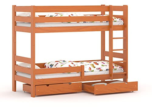 WNM Group 2in1 Etagenbett oder 2 Einzelbetten - Hochbett mit Rausfallschutz und 2 Schubladen Sophie - Hochbett Kinderbett für Mädchen und Jungen - Absturzsicherung Hochbett 80x180 cm - Erle