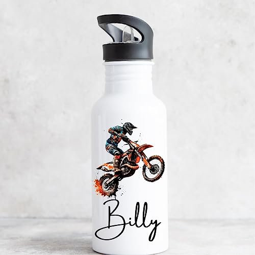 Personalised Motocross Water Bottle, 600mls Water Bottle, Reusable, White Aluminium Bottle, Flip Top Lid With Straw Insert, MX Sport Drinks Bottle, Gym Bottle