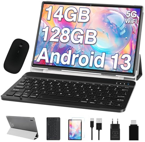 Tablet 10.1 Zoll Android 13 OS Octa Core 5G WLAN,14GB RAM+128GB ROM(TF 512GB/1TB), 2.0GHz, GMS-Zertifizie | 8000mAh | 1280 * 800 HD-IPS | 5+8MP Kamera | Typ-C | Mit Maus und Tastatur - Grau