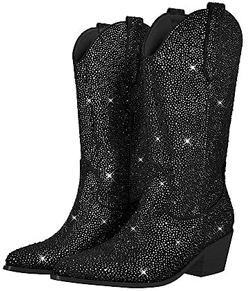 blingqueen Stivali da cowboy con glitter tacco occidentale, Nero , 44 EU