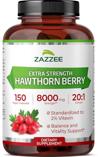Zazzee Extra Strength Hawthorn Berry 20:1 Extract, 2% Vitexin, 150 Vegan Capsules, 5 Month Supply, Crataegus Pinnatifida, Antioxidant & Circulation Support, 10X Concentrated, Non-GMO, Made in the USA