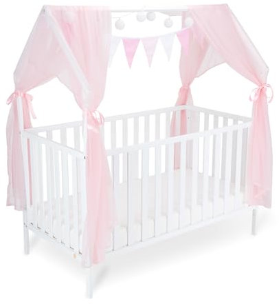 FabiMax Kinderbett Hausbett Schlafmütze, 120x60 cm, aus Kiefernholz weiß lackiert, mit rosaner Deko