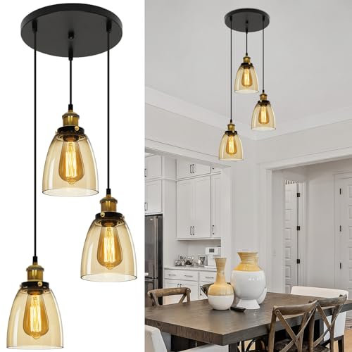 Vintage Glass Pendant Light 3 Lights - Pendant Lighting Ceiling with Glass Lampshade, Adjustable Height Hanging Lamp Fixture for Loft Kitchen Island Dining Room(NO Bulbs) - Cognac