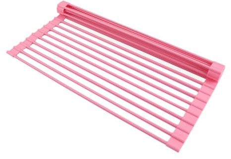 PZiXuaner Escurridor de platos enrollable sobre el fregadero. Escurridor de cocina plegable, barra de acero inoxidable con cubierta de silicona, resistente al calor, antideslizante para encimera de