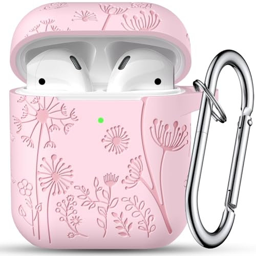 Maledan Schutzhülle mit Blumen-Gravur, kompatibel mit AirPods, niedlich, weiches Silikon, stoßfest, Schutzhülle für Airpods der 2. und 1. Generation, mit Karabiner, LED sichtbar, für Damen, A-Pink