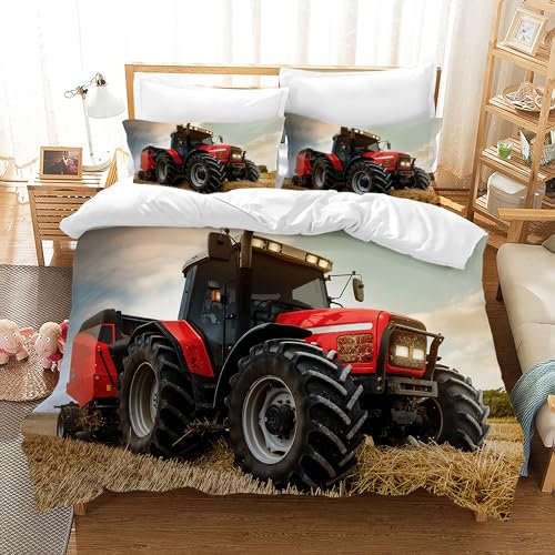 LLTTEER 3D Traktor Bettwäsche Set,3-teilig Traktor kinderbettwäsche mit Reißverschluss und 2 Kissenbezug 65x65cm, Mikrofaser Bettbezüge, für Kinder Jugendliche Jungen (Tractor 02, 140 x 200 cm)
