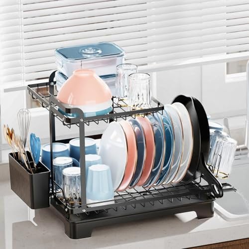 iSPECLE Dish Drainer Rack - Large Capacity 2 Tier Dish Racks for Kitchen Worktop with Drainboard & Pan Slot, Multifunctional Dish Drying Rack with Cup Holder & Utensil Holder, Black