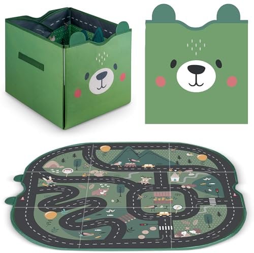 Nukido - 2in1 - Spielzeugkiste mit Spielmatte - für Kinder/Baby - Faltbar - Aufbewahrungsbeutel - Spieldecke, Teppich - Behälter - Aufräumsack, Organizer - mit Bär- und Straßen-/Tiermotiv - Grün
