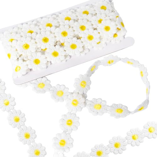 BOFUNX 5 Yard 25mm Spitzenborte Blumen Spitzenband Weiß Dekoband Stickerei Gänseblümchen Zierband für DIY Nähen Basteln Hochzeit Party Home Deko