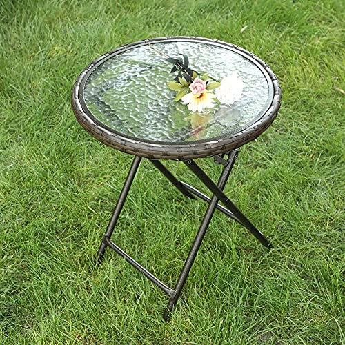 PHIVILLA Garden Patio Outdoor Side Table Small Round Foldable Rattan Coffee Table with Tempered Glass Table Top and High-Strength Thickened Iron Pipe Bracket for Camping Balcony Bistro