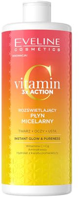 Eveline Cosmetics Vitamin C 3x Action Illuminierendes Mizellenwasser mit Vitamin C & Orangenblütenhydrolat, 500ml - Belebender Make-up Entferner, Vegan