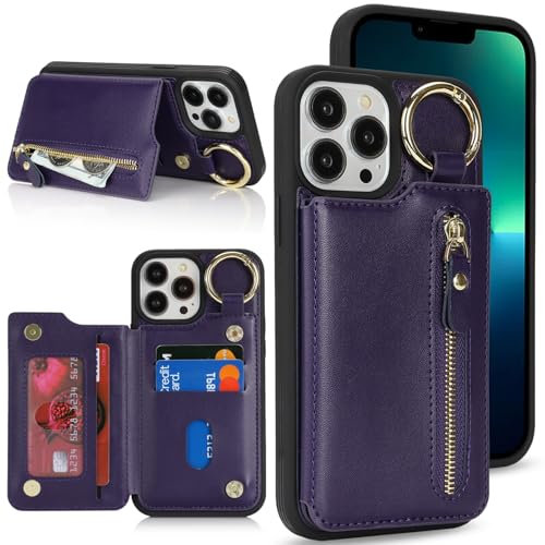 Zouzt for iPhone 12 Pro Max / 13 Pro Max 6.7 Inch Wallet Case with Card Holder for Men Women, PU Leather Kickstand Credit Slots Case, Key Ring Zipper Shockproof Protective Phone Cover - Purple